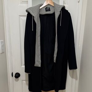 Zara Black Coat with Gray Attached Hoodie Layer